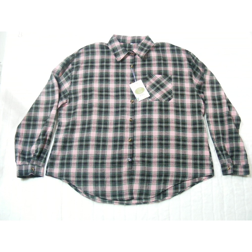 Megfie Plaid Flannel Shirt Womens XXL Pink Black NWT Long Sleeve Button Down